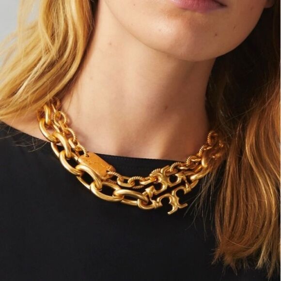 TORY BURCH ROXANNE DOUBLE T LOGO NECKLACE 18K GOLD - Picture 2 of 9